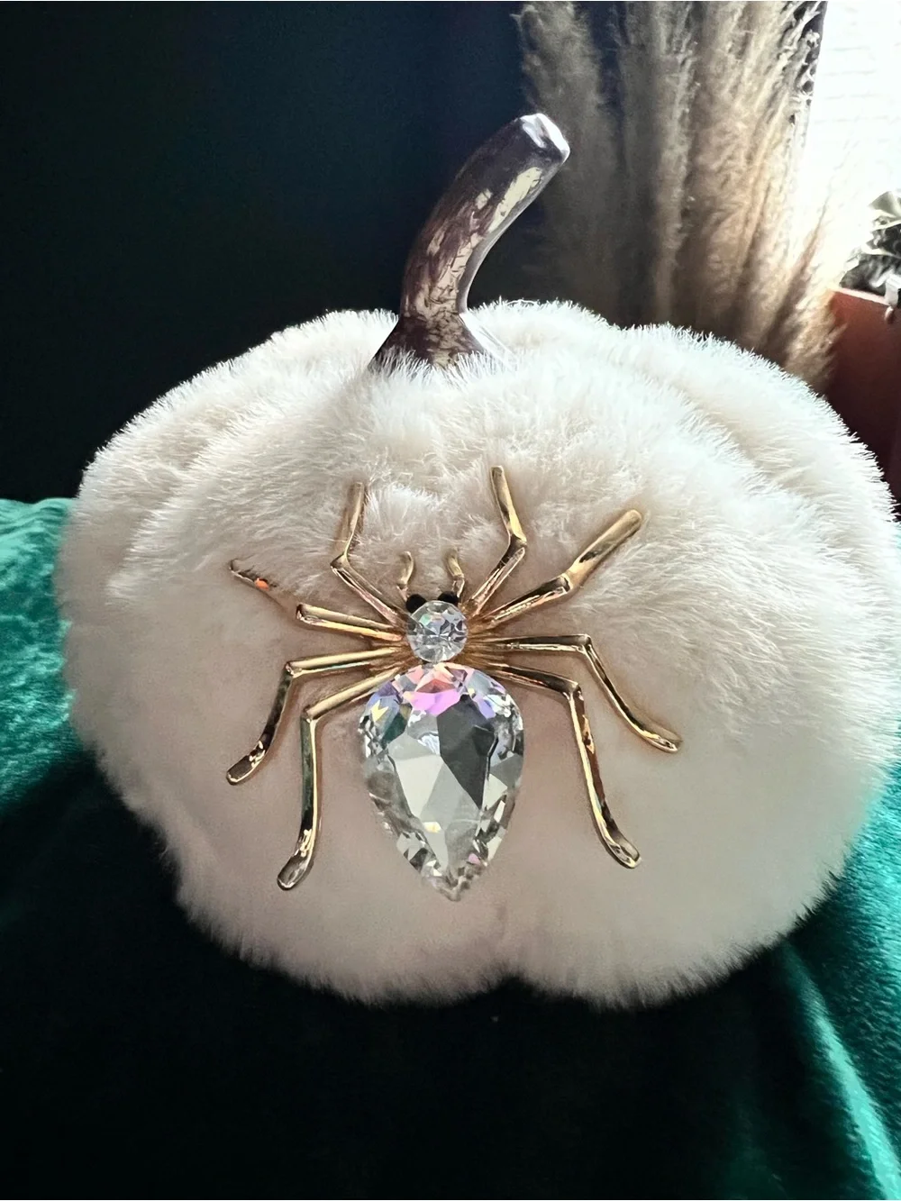 Faux Fur Pumpkin w/ Jeweled Spider